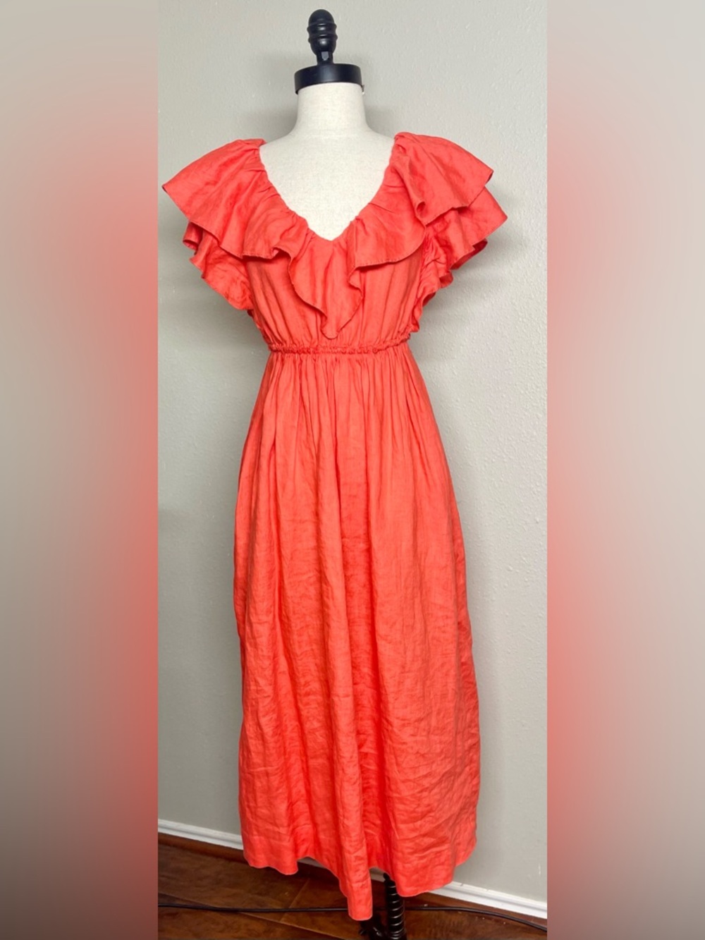 Trina Turk Linen Play Ruffle V-Neck Maxi Dress Orange Coral S